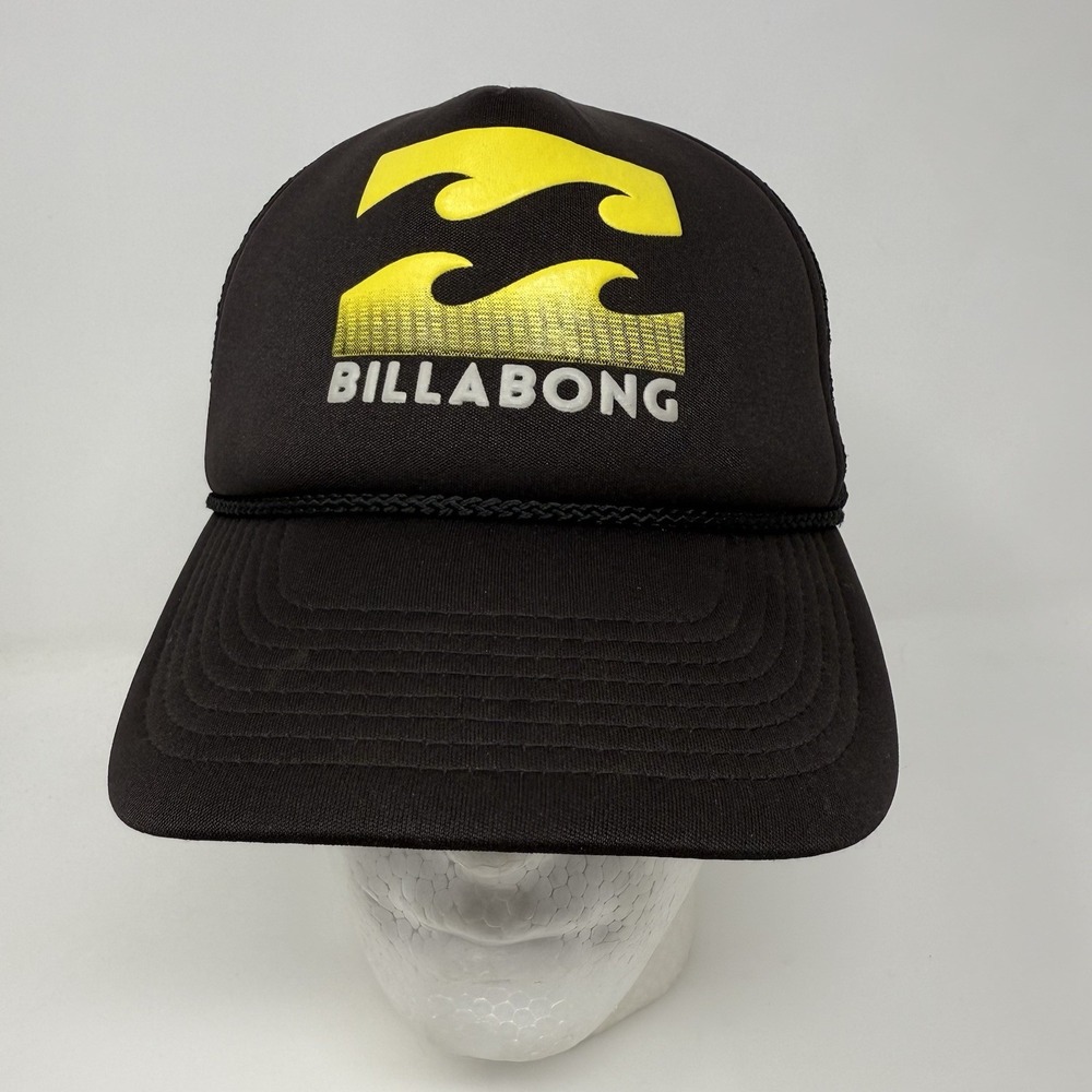 BILLABONG Black/Yellow Mesh Snap Back Trucker Hat Adjustable OSFA